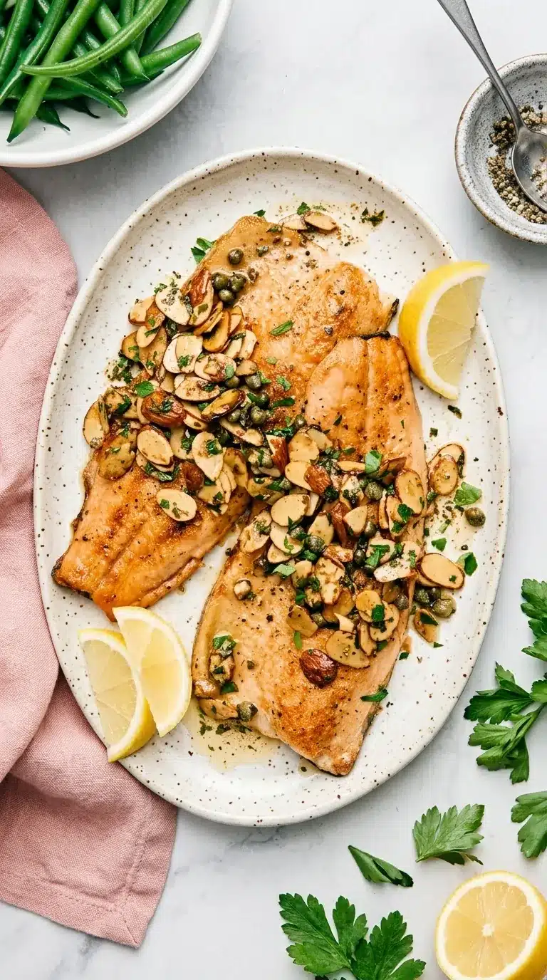 Rainbow Trout Almondine with toasted almonds, capers, parsley, lemon, and brown butter