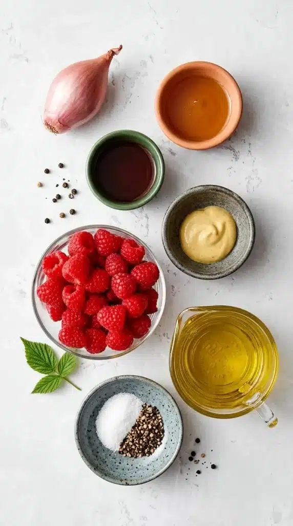 Raspberry Vinaigrette Recipe | Amazing Fresh 5 Minute Dressing 7 Fresh ingredients for Raspberry Vinaigrette including raspberries, olive oil, Dijon mustard, honey, and vinegar.