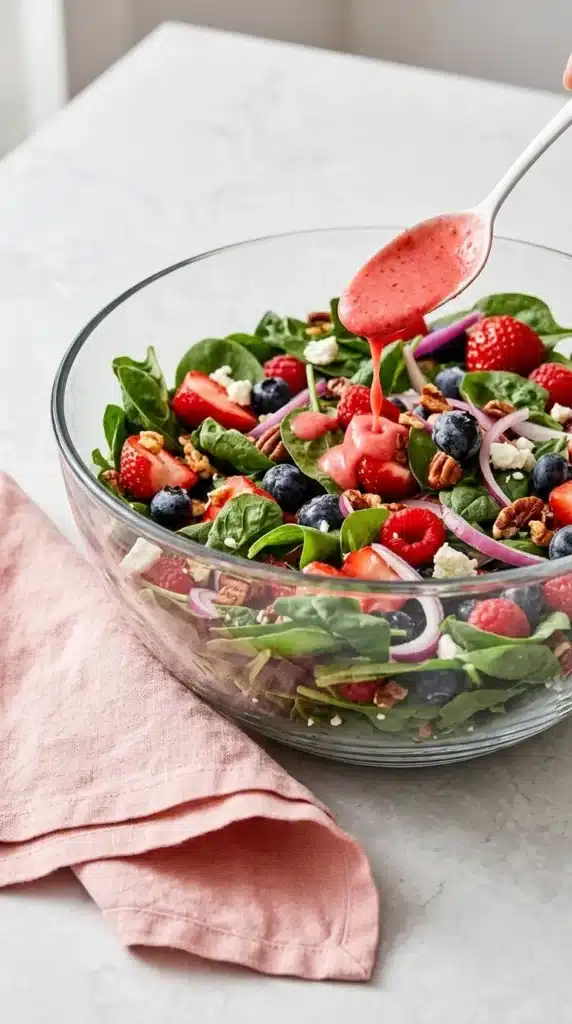 Raspberry Vinaigrette Recipe | Amazing Fresh 5 Minute Dressing 9 Raspberry Vinaigrette drizzled over a fresh spinach berry salad.