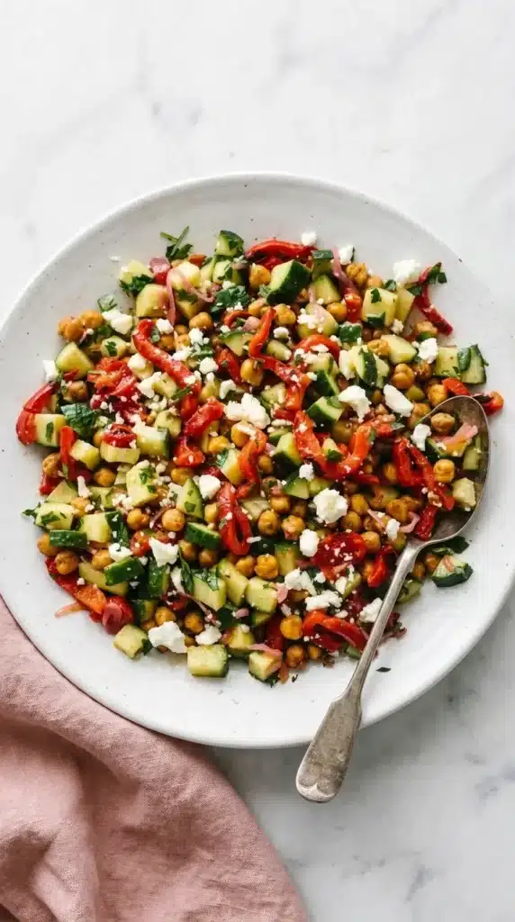 Roasted Red Pepper and Chickpea Salad : Easy Happy Lunch 10 Roasted Red Pepper and Chickpea Salad with cucumber, feta, parsley, and pickled onion