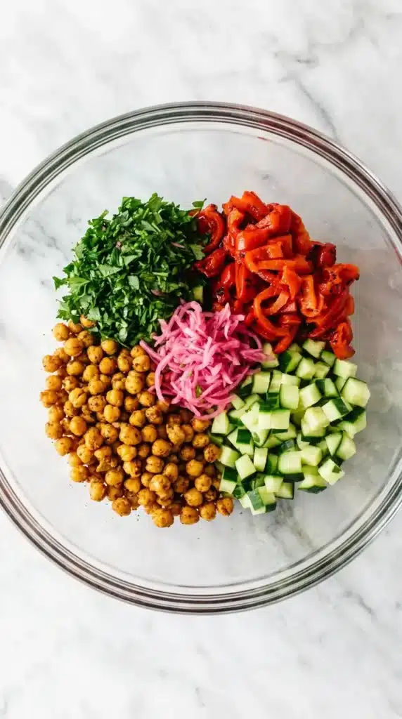 Roasted Red Pepper and Chickpea Salad : Easy Happy Lunch 8 Roasted Red Pepper and Chickpea Salad ingredients with cucumber, chickpeas, peppers and feta