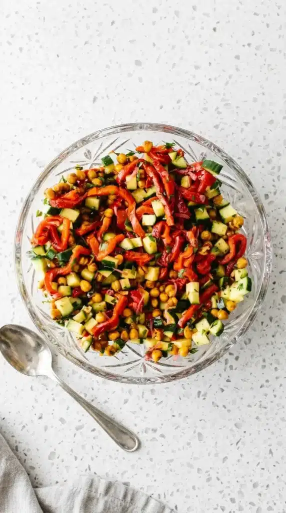 Roasted Red Pepper and Chickpea Salad : Easy Happy Lunch 9 Roasted Red Pepper and Chickpea Salad ingredients ready to toss in a mixing bowl