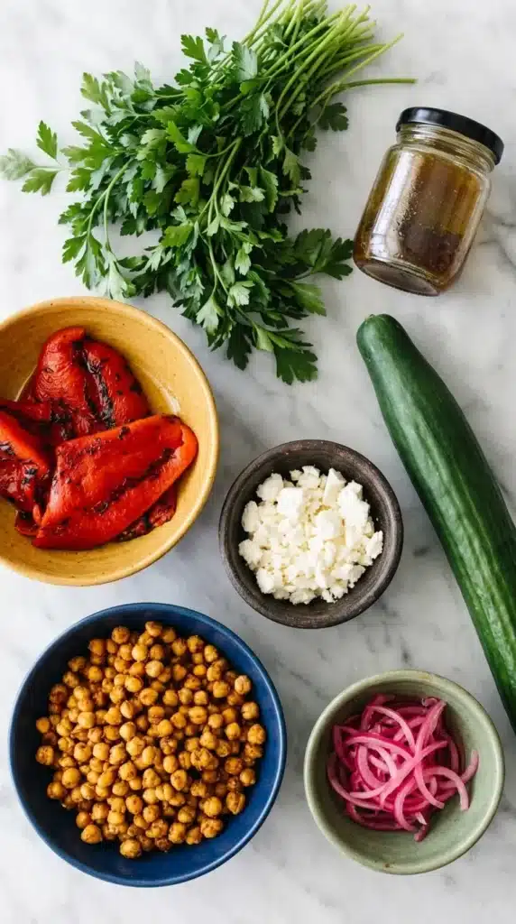 Roasted Red Pepper and Chickpea Salad : Easy Happy Lunch 7 Roasted Red Pepper and Chickpea Salad tossed with cucumber, parsley, onion, and vinaigrette