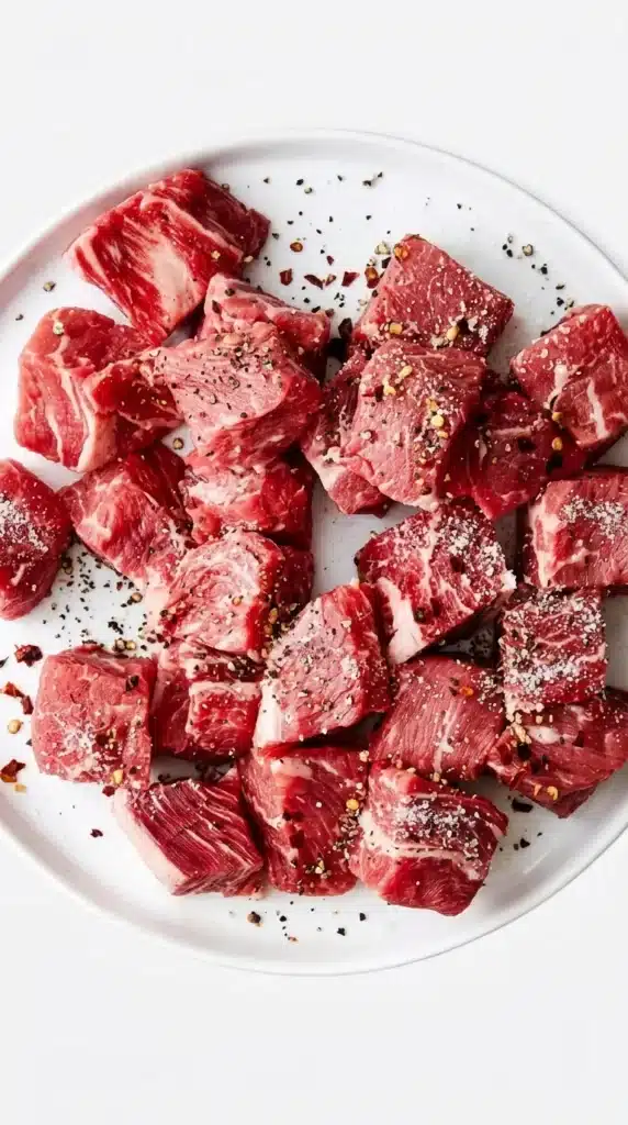 Garlic Butter Steak Bites cut into pieces and seasoned with salt, black pepper, and red pepper flakes