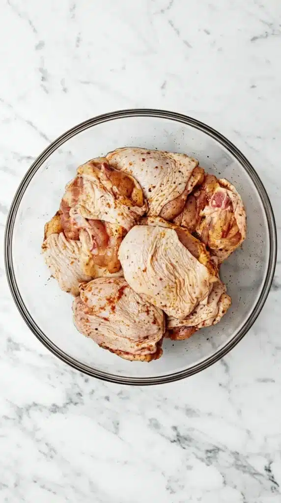 Seasoning Crispy Baked Chicken Thighs with olive oil, paprika, garlic and herbs