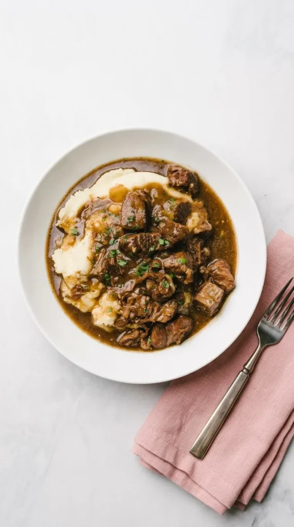 Instant Pot Beef Tips served over creamy mashed potatoes with rich gravy