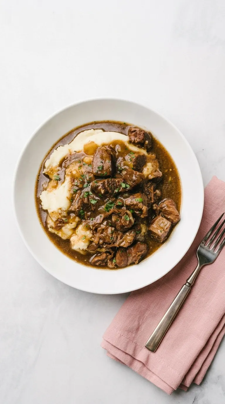 home 10 Instant Pot Beef Tips served over creamy mashed potatoes with rich gravy