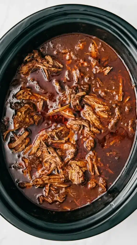 Shredded slow cooker Birria beef mixed into a rich red consommé