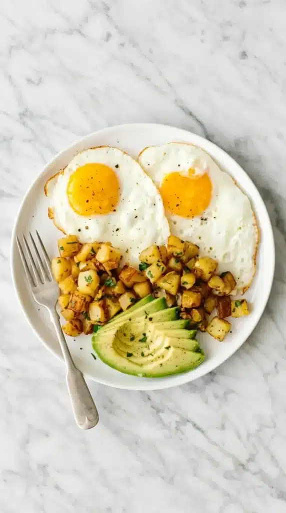 Skillet Breakfast Potatoes Recipe : Easy,Crispy & Satisfying 8 Skillet Breakfast Potatoes with fried eggs and sliced avocado