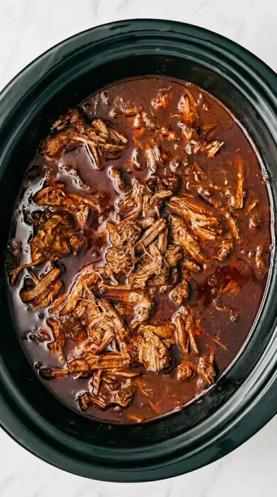 Slow cooked beef birria in rich chile consommé for homemade Birria Tacos