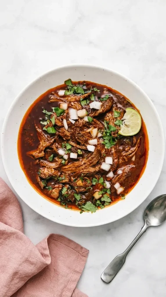Slow cooker Birria with shredded beef, rich consommé, cilantro, onion, and lime
