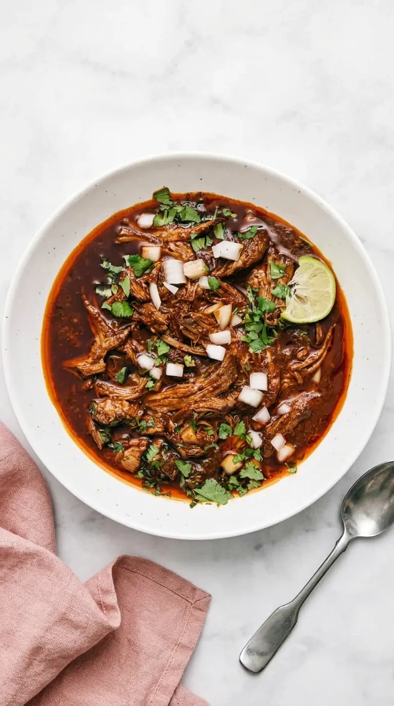 Slow cooker Birria with shredded beef, rich consommé, cilantro, onion, and lime