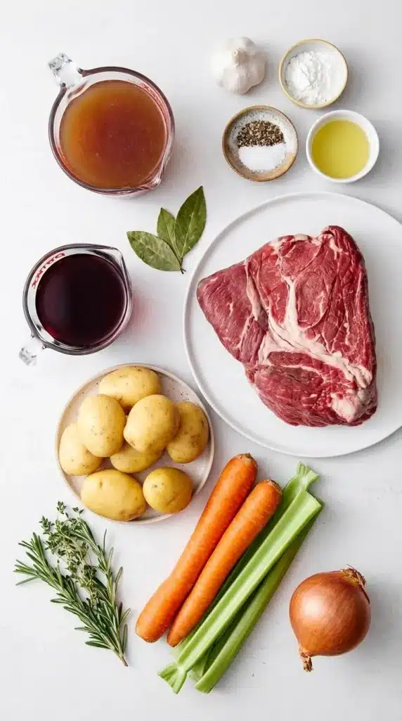 Slow Cooker Pot Roast | Amazing Easy Family Dinner Recipe 7 Slow Cooker Pot Roast ingredients with beef chuck roast, vegetables, herbs, broth, and seasonings.