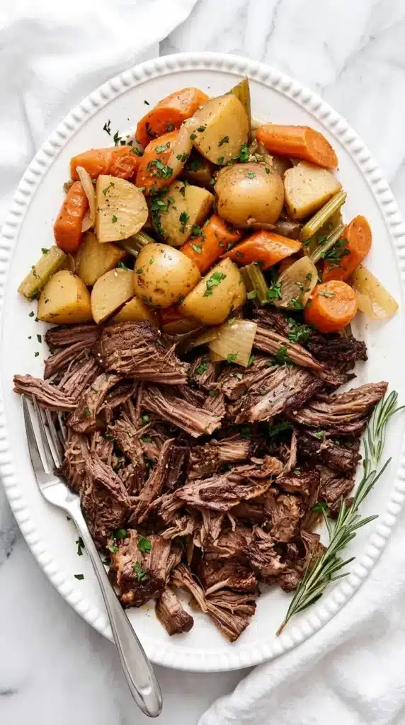 Slow Cooker Pot Roast with shredded beef, potatoes, carrots, celery, and fresh herbs.