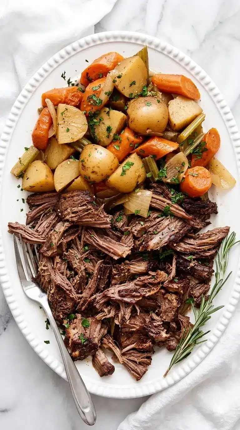 Slow Cooker Pot Roast with shredded beef, potatoes, carrots, celery, and fresh herbs.