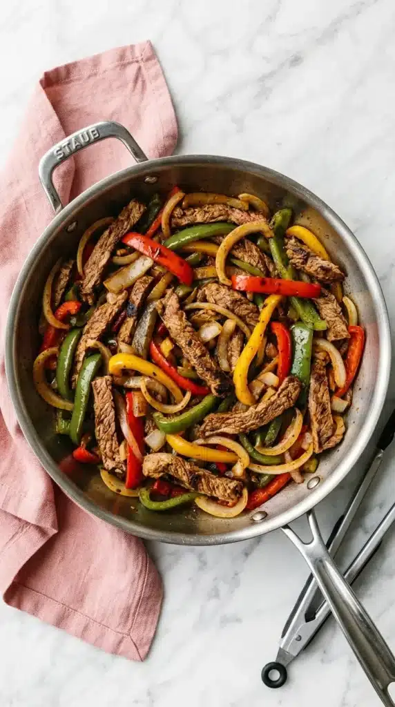 Steak Fajitas Recipe : Amazing Tender and Juicy Dinner 9 Steak Fajitas with seared beef, colorful bell peppers, and sautéed onions in a skillet