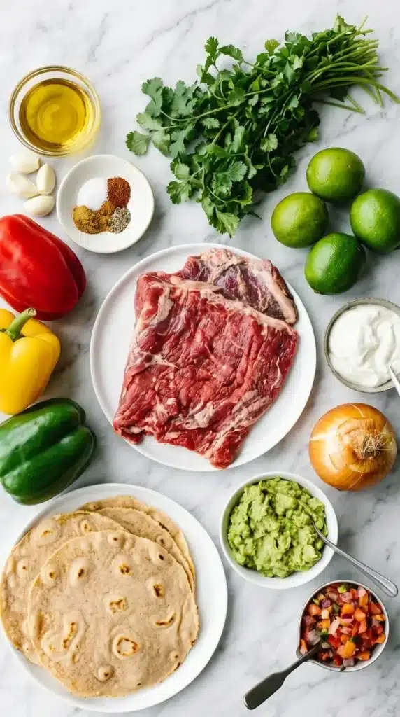 Steak Fajitas Recipe : Amazing Tender and Juicy Dinner 7 Steak Fajitas ingredients with flank steak, bell peppers, lime, onion, garlic, tortillas, and toppings