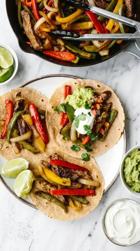 Steak Fajitas Recipe : Amazing Tender and Juicy Dinner 10 Steak Fajitas in tortillas with peppers, onions, guacamole, sour cream, pico de gallo, and cilantro