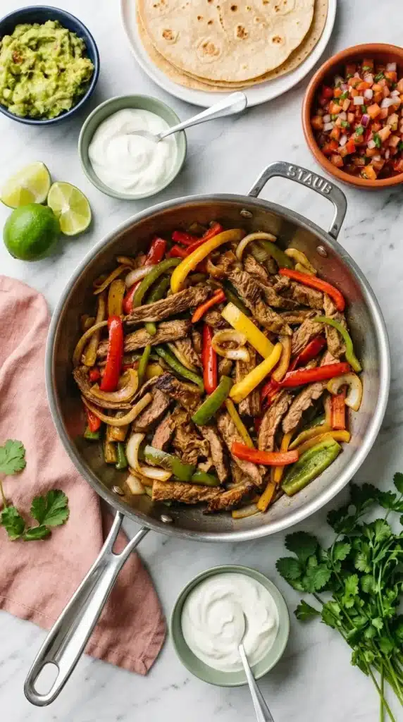 Steak fajitas with tender beef, colorful peppers, onions, tortillas, guacamole, and lime
