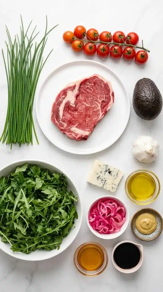 Steak Salad ingredients with steak, arugula, avocado, blue cheese, tomatoes, and vinaigrette