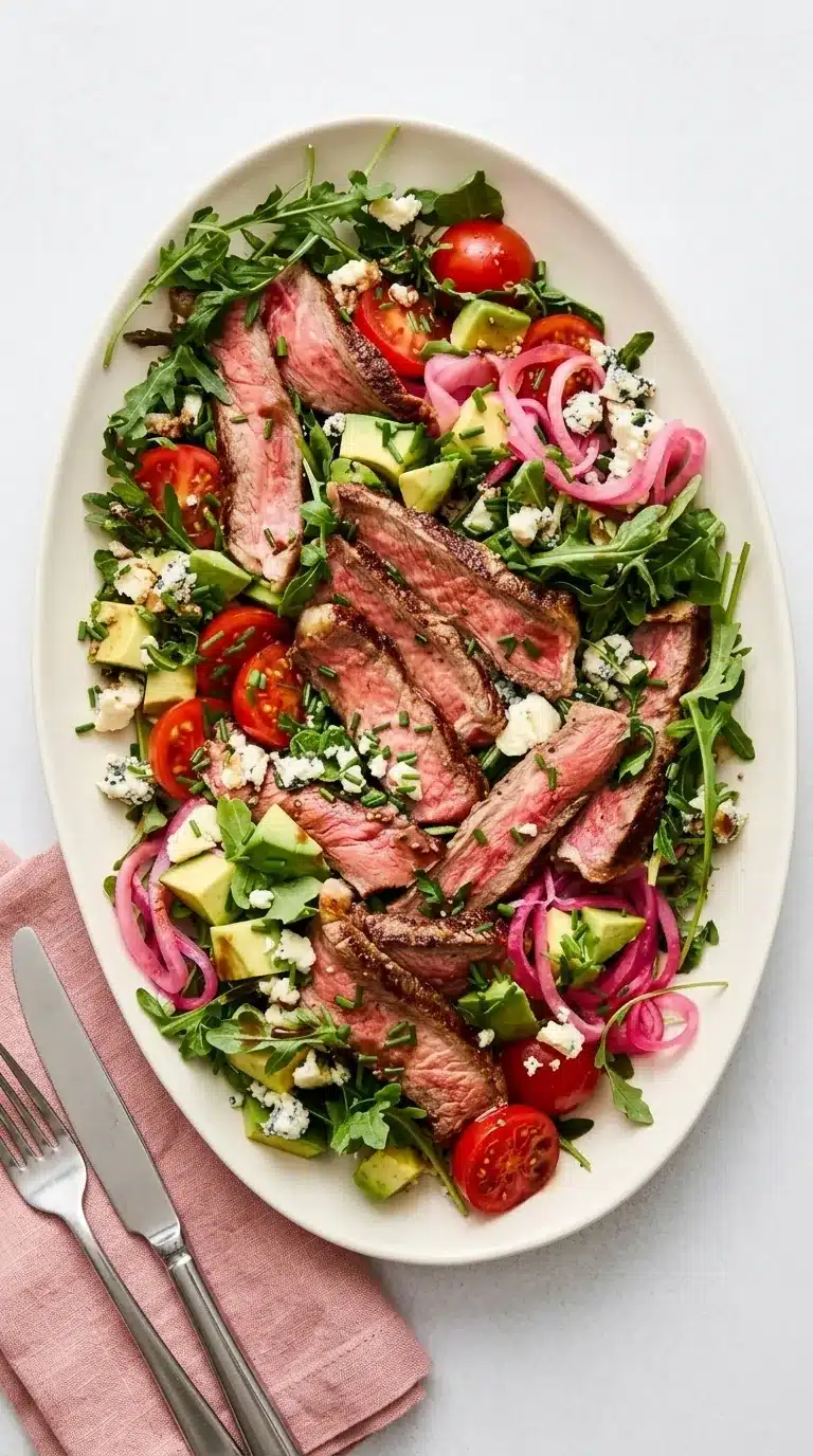 home 6 Juicy grilled steak salad with arugula, avocado, blue cheese, tomatoes, and balsamic vinaigrette