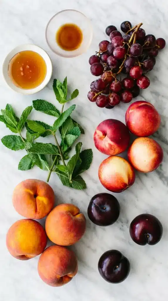 Stone Fruit Salad : Amazing Fresh Summer Recipe 8 Stone Fruit Salad ingredients with peaches, nectarines, plums, grapes, mint, honey, and vanilla