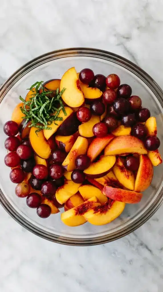 Stone Fruit Salad : Amazing Fresh Summer Recipe 9 Stone Fruit Salad with sliced peaches, nectarines, plums, grapes, and fresh mint