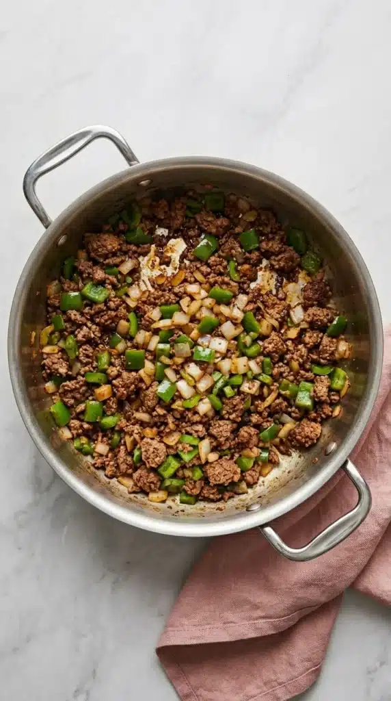 Taco Soup Recipe : Easy, Hearty 30-Minute Dinner 9 Taco Soup ground beef cooking with onion, green bell pepper, and taco seasoning