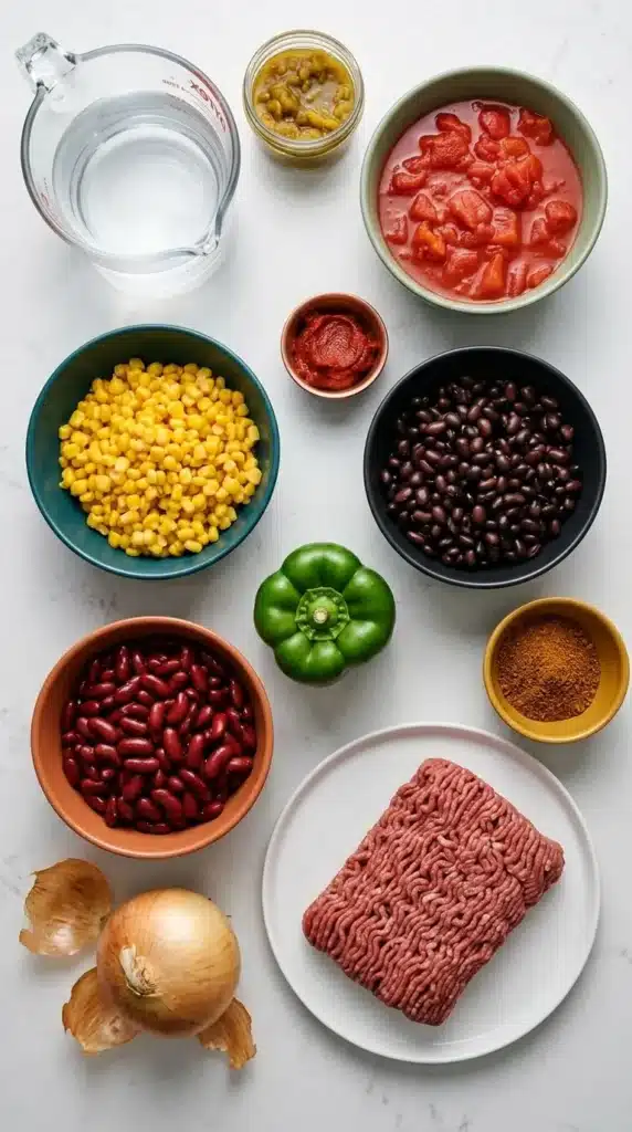 Taco Soup Recipe : Easy, Hearty 30-Minute Dinner 8 Taco Soup ingredients with ground beef, beans, corn, tomatoes, green chilies, and taco seasoning