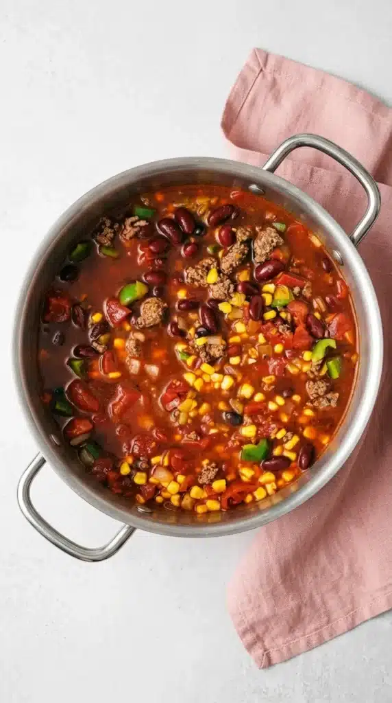 Taco Soup Recipe : Easy, Hearty 30-Minute Dinner 11 Taco Soup simmering with ground beef, beans, corn, tomatoes, and green peppers