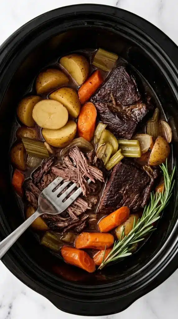 Slow Cooker Pot Roast | Amazing Easy Family Dinner Recipe 10 Close up of Slow Cooker Pot Roast with a fork lifting tender shredded beef.