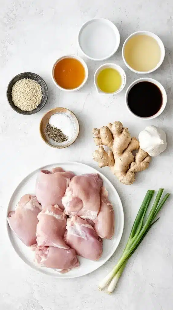 Teriyaki Chicken ingredients with chicken thighs, ginger, garlic, tamari, mirin, sake, honey and sesame seeds
