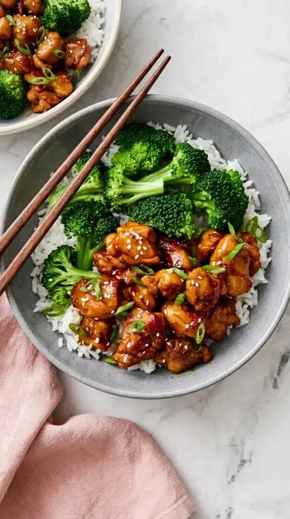 Teriyaki Chicken with glossy sauce, steamed broccoli, white rice, sesame seeds, and green onions