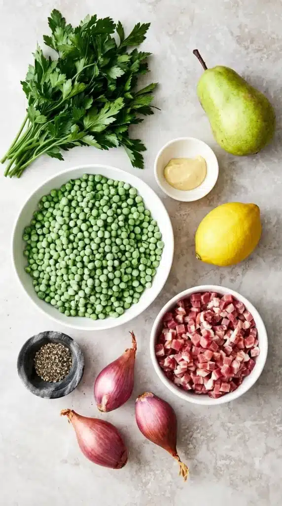 Thanksgiving Peas ingredients with pancetta, pear, shallots, lemon, parsley, and Dijon mustard