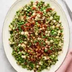 Thanksgiving Peas with crispy pancetta, pear, shallots, parsley, and lemon zest