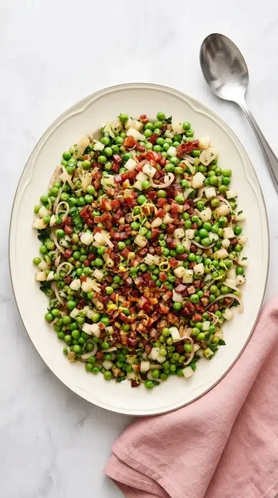 Thanksgiving Peas with crispy pancetta, pear, shallots, parsley, and lemon zest