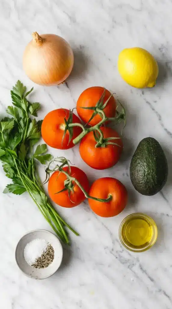 Tomato Avocado Salad ingredients with tomatoes, avocado, onion, parsley, lemon, and olive oil