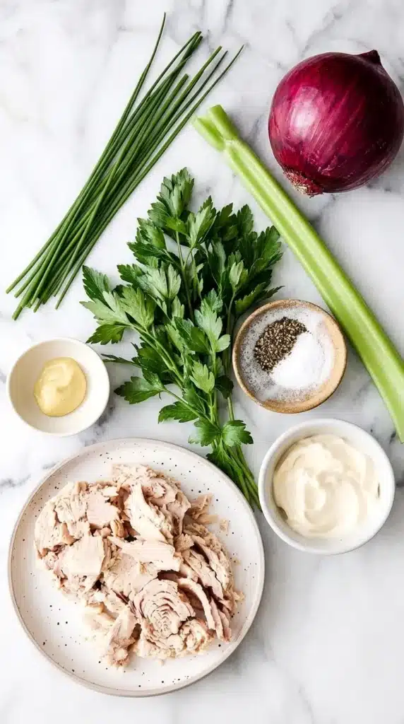 Tuna Salad Recipe : Creamy, Fresh, and Ready in 15 Minutes 7 Tuna Salad ingredients with albacore tuna, celery, red onion, mayonnaise, Dijon mustard, and herbs