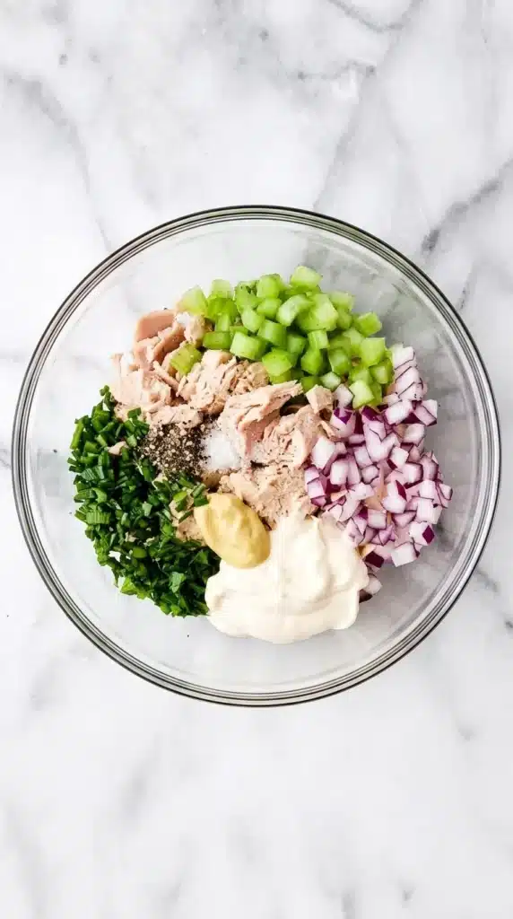 Tuna Salad Recipe : Creamy, Fresh, and Ready in 15 Minutes 8 Tuna Salad ingredients with tuna, celery, red onion, herbs, mayo, and Dijon ready to mix