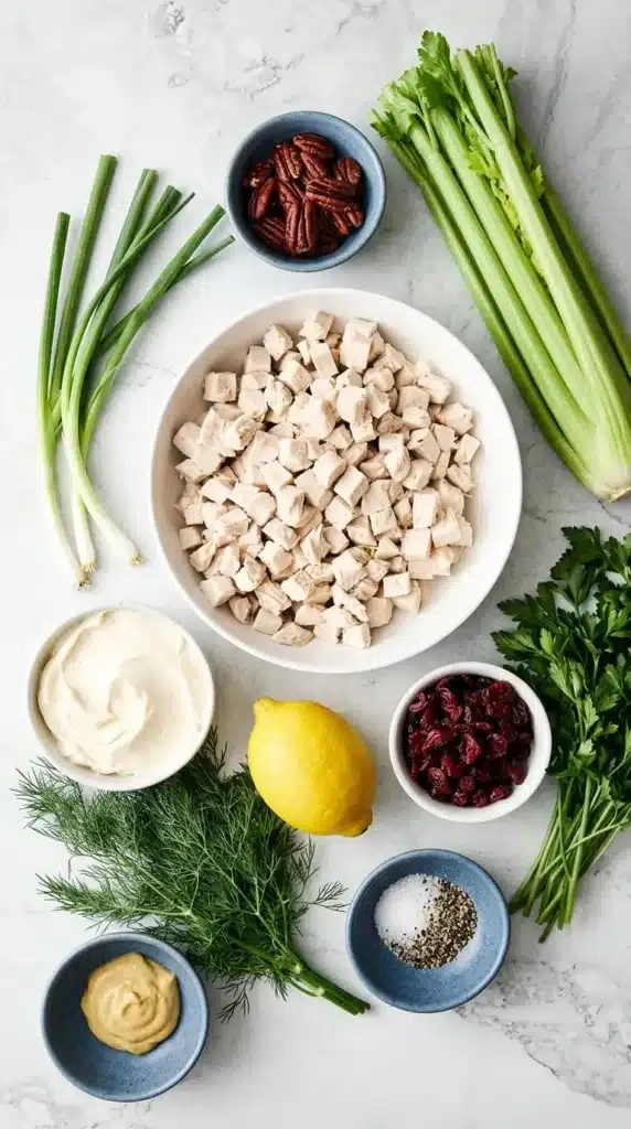 Turkey Salad ingredients with turkey, celery, cranberries, pecans, herbs, lemon, and mayonnaise