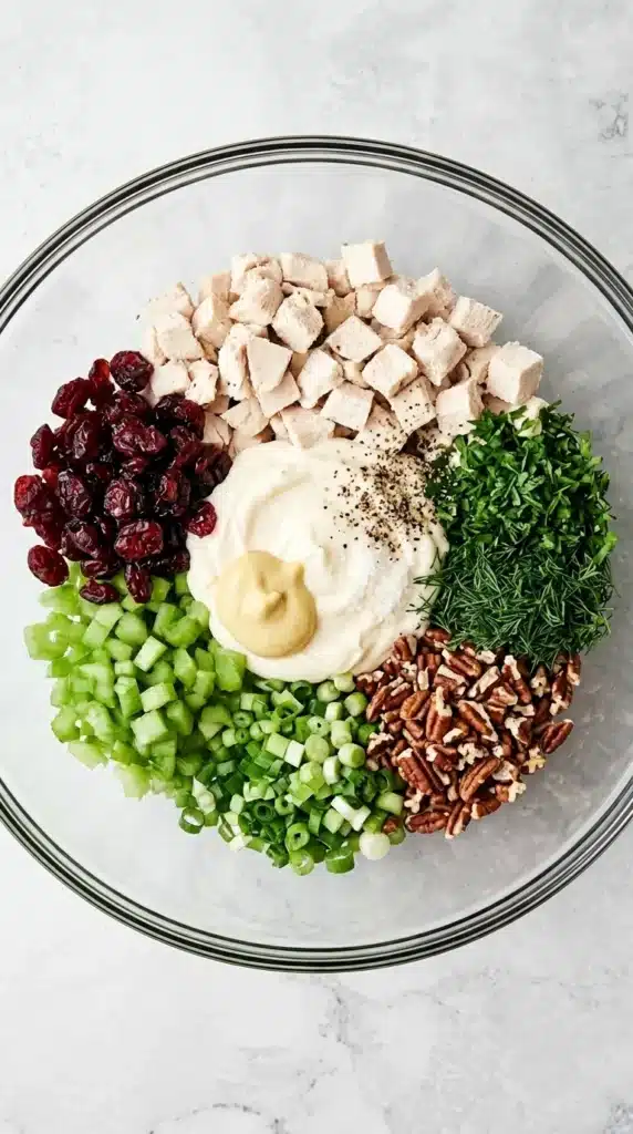 Turkey Salad ingredients in a bowl with turkey, celery, cranberries, pecans, herbs, and dressing