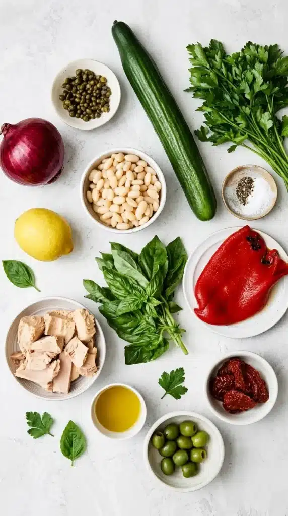 Tuscan Tuna Salad Recipe : Easy, Vibrant Protein Rich Lunch 7 Tuscan Tuna Salad ingredients with tuna, white beans, cucumber, olives, herbs, and lemon