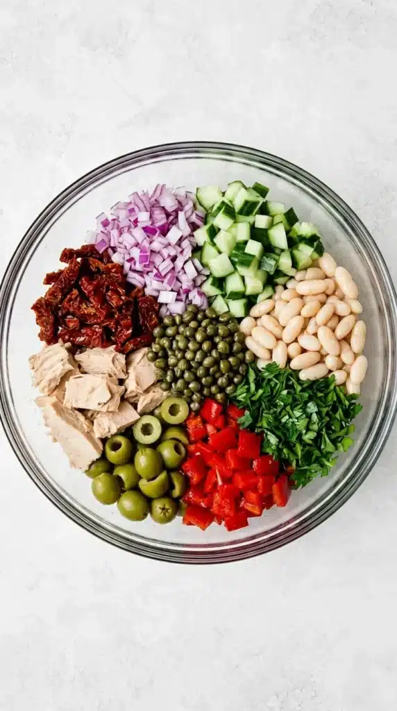 Tuscan Tuna Salad Recipe : Easy, Vibrant Protein Rich Lunch 8 Tuscan Tuna Salad ingredients with tuna, white beans, cucumber, olives, peppers, and herbs