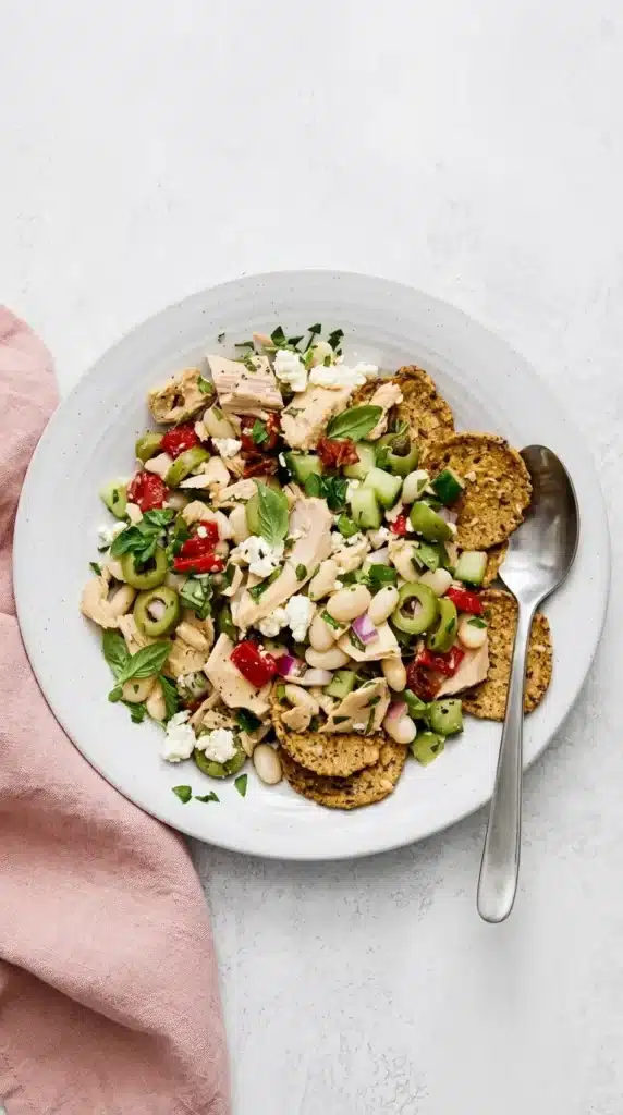 Tuscan Tuna Salad Recipe : Easy, Vibrant Protein Rich Lunch 10 Tuscan Tuna Salad served with white beans, fresh vegetables, feta, herbs, and crisp bread