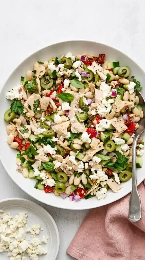 Tuscan Tuna Salad with white beans, cucumber, olives, feta, herbs, and roasted peppers