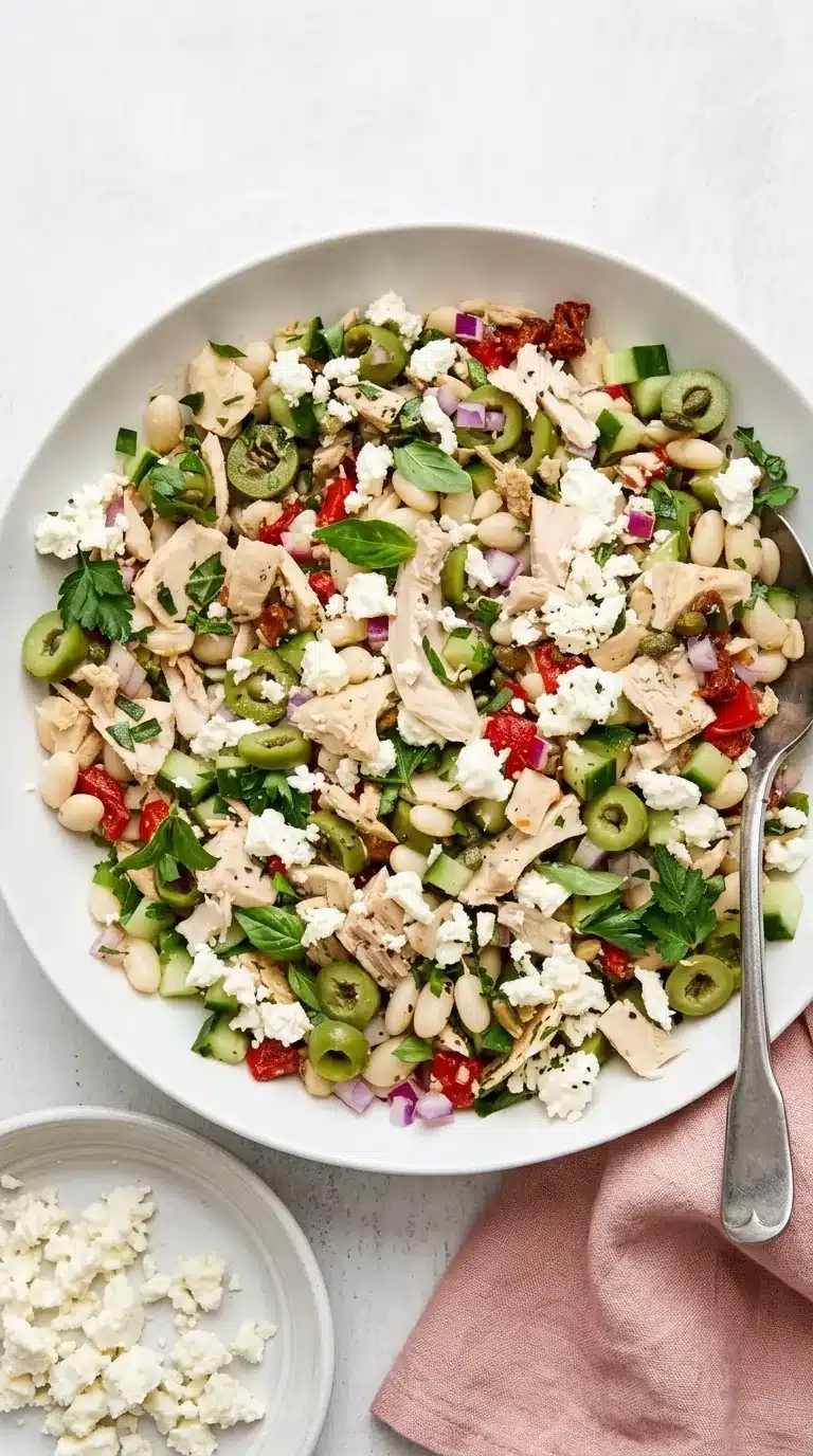 Tuscan Tuna Salad with white beans, cucumber, olives, feta, herbs, and roasted peppers