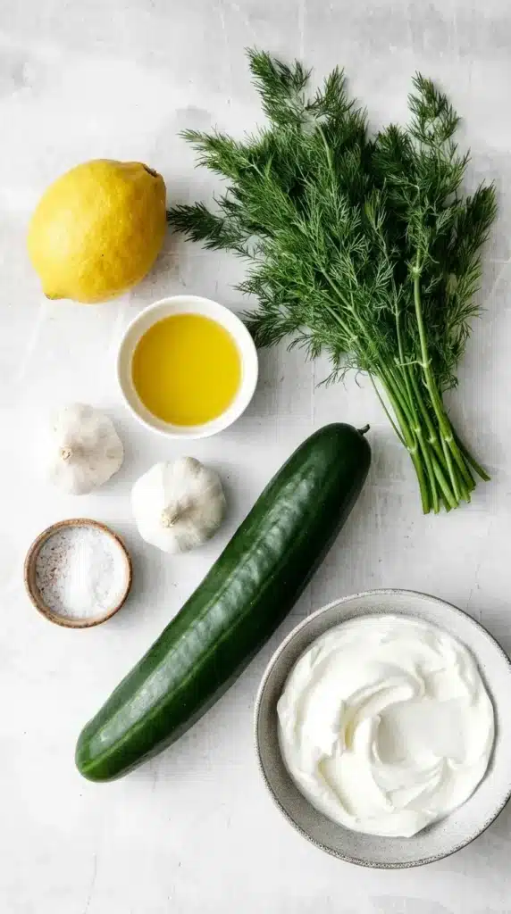 Tzatziki ingredients with Greek yogurt, cucumber, dill, garlic, lemon, olive oil, and salt