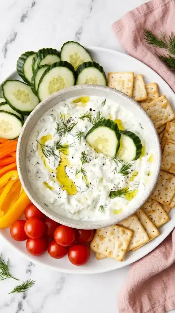 Creamy tzatziki with cucumber, dill, olive oil, fresh vegetables, and pita