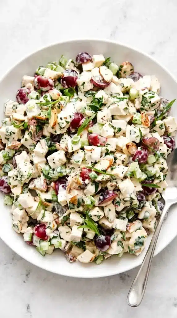 Ultimate Chicken Salad : Simple, Happy Lunch Recipe 10 Close up of Ultimate Chicken Salad with grapes, celery, toasted almonds, herbs, and creamy dressing