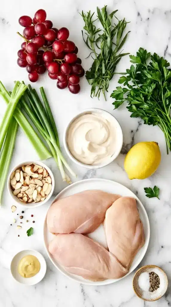 Ultimate Chicken Salad : Simple, Happy Lunch Recipe 7 Ultimate Chicken Salad ingredients with chicken, grapes, celery, almonds, lemon, and fresh herbs